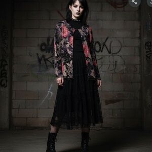 MSK Whimsigoth Cardigan M Black Bead Fringe Fairy Grunge Dark Floral Jacquard